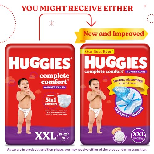 Image of Huggies Complete Comfort Wonder Pants | Pant Style Baby Diapers Double Extra Large (XXL) Size, 48 Count | India's Fastest Absorbing Diaper, Prevents Diaper Rash, Ideal for 15 to 25 Kgs (24 Count, Pack of 6)