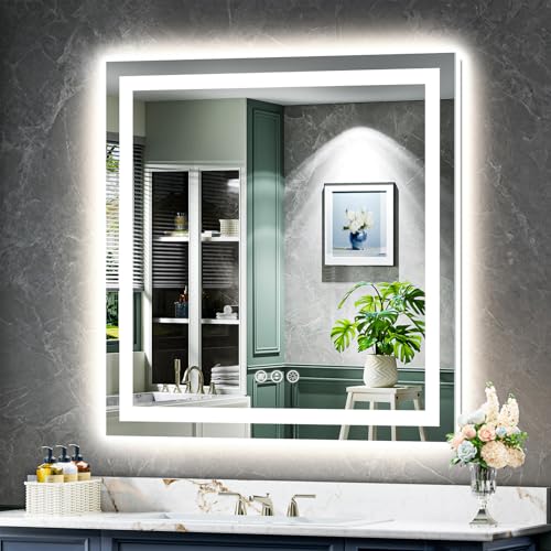 Image of 40x40 Inch LED Bathroom Mirror with Lights Front and Backlit Lighted Vanity Mirror for Bathroom Wall with 3 Colors Dimmable Anti-Fog Memory Shatter-Proof IP54 Waterproof Horizontal /Vertical