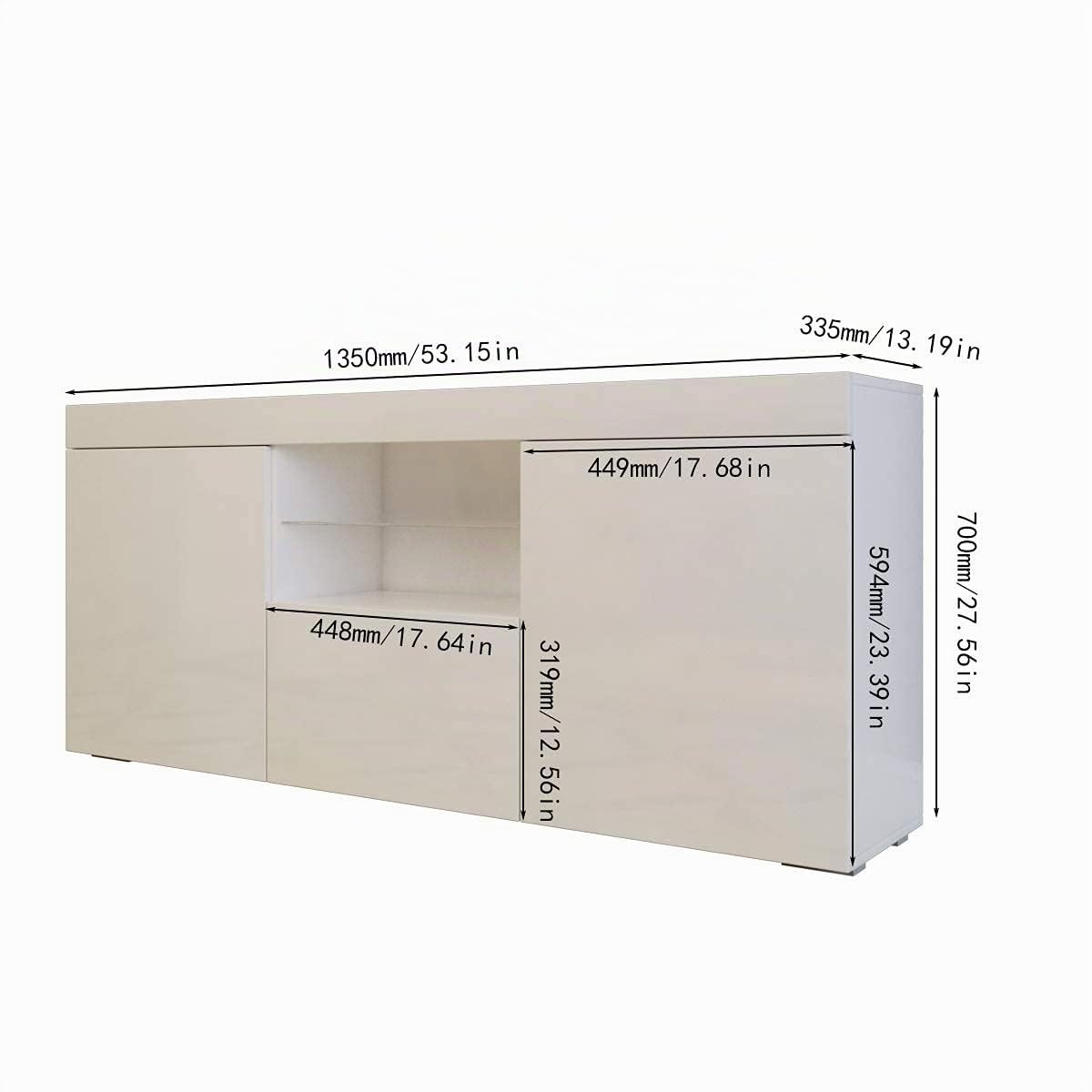 Dripex Mobile Porta TV Moderno con Luce a LED, Mobile TV Laccato Lucid per Soggiorno, 2 Ante Ribalta Mobiletto Televisore in Legno, 135 x 33.5 x 70 cm, Bianco