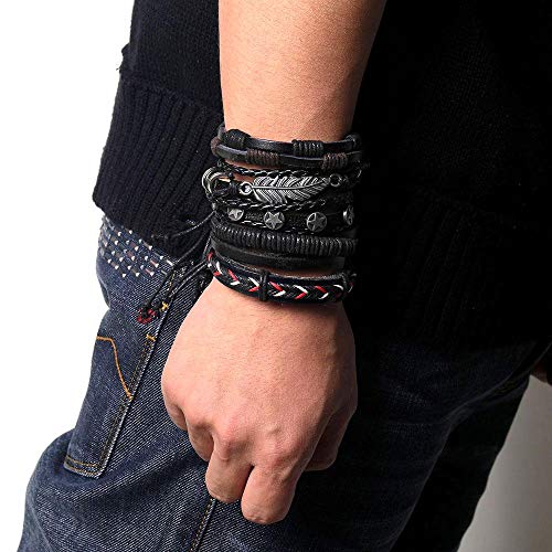 Bracelete 5 em 1 Pulseira Artestore em Couro Preta com Pingentes em Metal