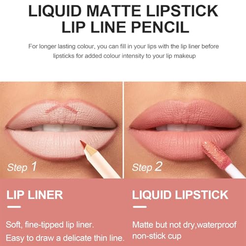 Matte Nude Lip Liner and Lipstick Makeup Set, Matte Liquid Lipstick/Nude Lip Stain High Pigment & Lipliner Pencil for Women, Smooth Lip Makeup (01) - Image 6