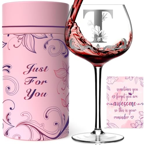 Personalized Monogram Stemmed Wine Glass, 16oz, Gift for Women, Letter T