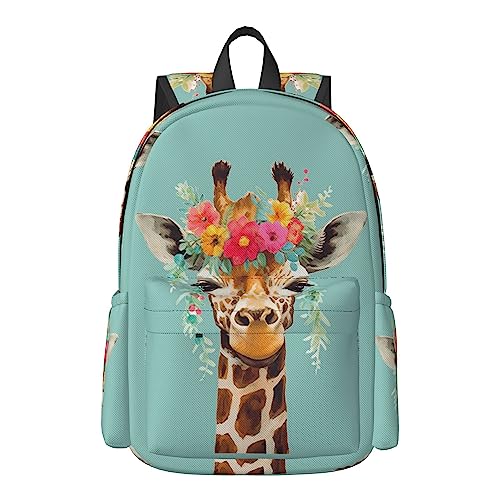 16 inch backpack Giraffe with Floral Headpiece Laptop Backpack Full Print School Bookbag Shoulder Bag for Travel Daypack
