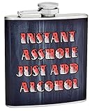 Hip Flask Gift Set with Refill Funnel and 2 Stainless Steel Shot Glasses - Instant Asshole Quote Design - Grey Wrapped Vinyl Finish - 6 oz Flask - Gift Box Included