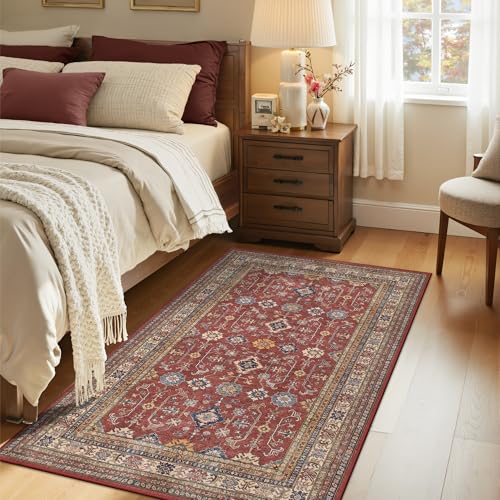 Rugland 4x6 Rug - Stain Resistant Washable Rug, Anti Slip Backing Rugs for Living Room, Vintage Tribal Area Rugs (TPR10-Burgundy, 4'x6')