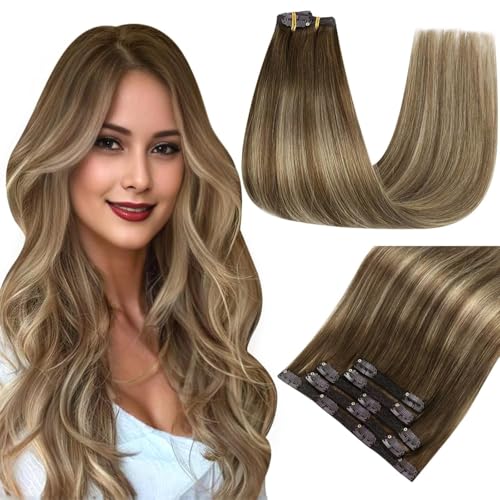 Easyouth Clip in Extensions Real Human Hair Brown Ombre Clip in Human Hair Extension Balayage Brown to Blonde Real Hair Clip in Extensions Long for Women 22 Inch 70g 5Pcs #4/27/4