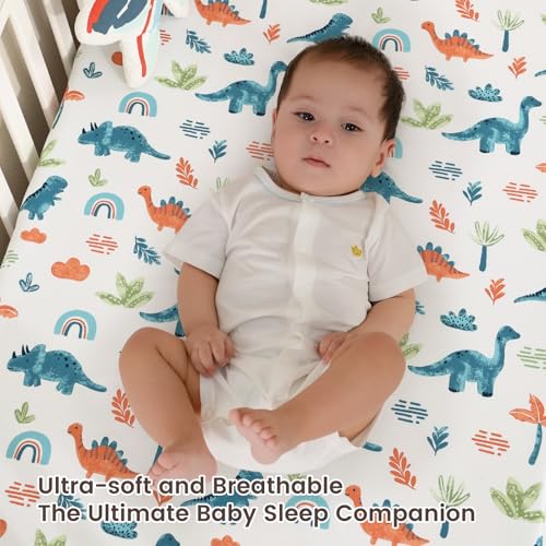 Image of david's kids 3 Pack Fitted Crib Sheets, Ultra Soft Breathable Comfortable Baby Sheet Set for Boys Girls Neutral, 28x52 Inch Fits Standard Crib and Toddler Mattresses, Dinosaur Blue