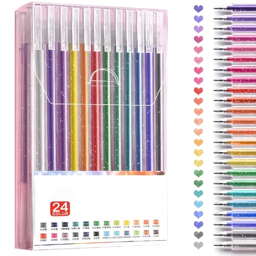 OWill 24 Stylo Gel Pailleté Pour Livres, Croquis et Travaux Manuels - Set de Stylo Gel avec 12 Stylos Paillette 1mm pour Coloriage et Dessins Créatifs（24...