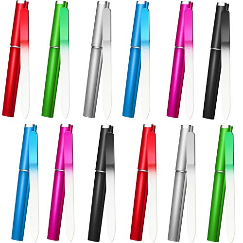 12 Pieces Glass Nail File Crystal Nail Files Double Sided Finger Nail Files Manicure Fingernail Files with Cases for Manicure Nail Care (Black, Rose Red, Green, Blue, Silver)