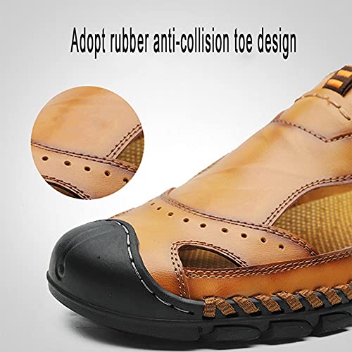Mens Closed Toe Sandals Casual Waterproof Leather Sandals Beach Shoes Fashion Lightweight Slippers Sandals (Red Brown)2