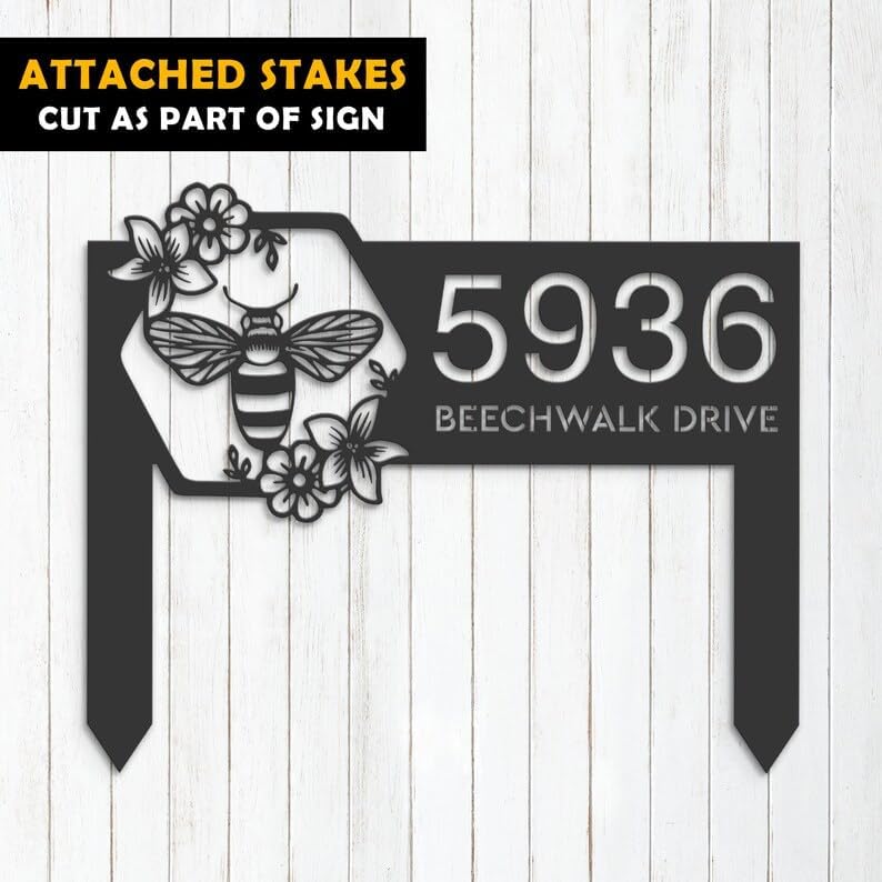 Personalized Bee Address Sign Floral Bee House Number Plaque 8x8 inch Bee Outdoor Sign Housewarming Gift for Bee Lover (Bee)