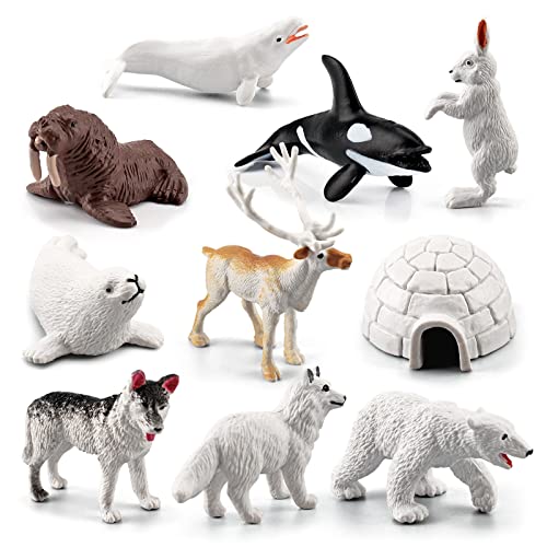 Mini Arctic Animals Toys Set 10PCS Polar Animal Figurines for Toddlers 1-2 Inch Plastic Arctic Tundra Deer Toy Animal Small White Bear Arctic Fox Kids Diorama Birthday Gift