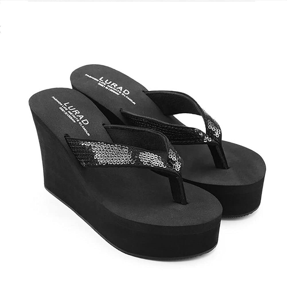 Summer Beach Flip Flop Women's Wedge Sandals Slipper Comfortable Thick Bottom Fashion High Heels,Black,38