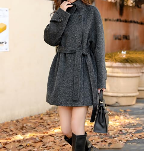 chouyatou Women Wool Blend Overcoat Stand Collar Trench Coat Warm Fall Winter Blazer Jacket Coat with Belt2