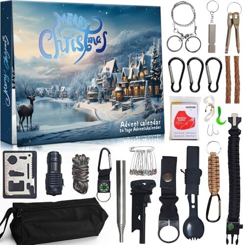 Survival Kit Advent Calendar for Men 2025 Christmas Countdown Kit with Explorer Tools Outdoor Survival Gear Camping Gadgets & Survival Explorer and Camping Advent Calendar