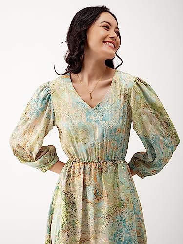 Image of AASK Abstract Printed Puff Sleeve Gathered Detailed Fit Flare Dress