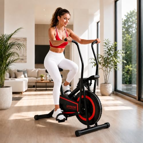 Image of FITGUARD FG-AB 111 By STAYFIT Dual Action Air Bike /Exercise Bike for Home |Gym Cycle for Workout With Adjustable Cushioned Seat | Non-Slip Pedals | Moving Handles Black Gym Bike, Max user weight 120 KG (Red, Black)