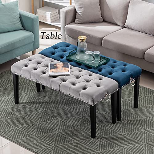 Duomay Modern Upholstered Tufted Bench Ottoman W/Ring Pull, Velvet Dining Bench Bedroom Bench W/Nailhead Trim Footrest Stool Accent Bench For Entryway Dining Room Living Room, Blue #TOP1