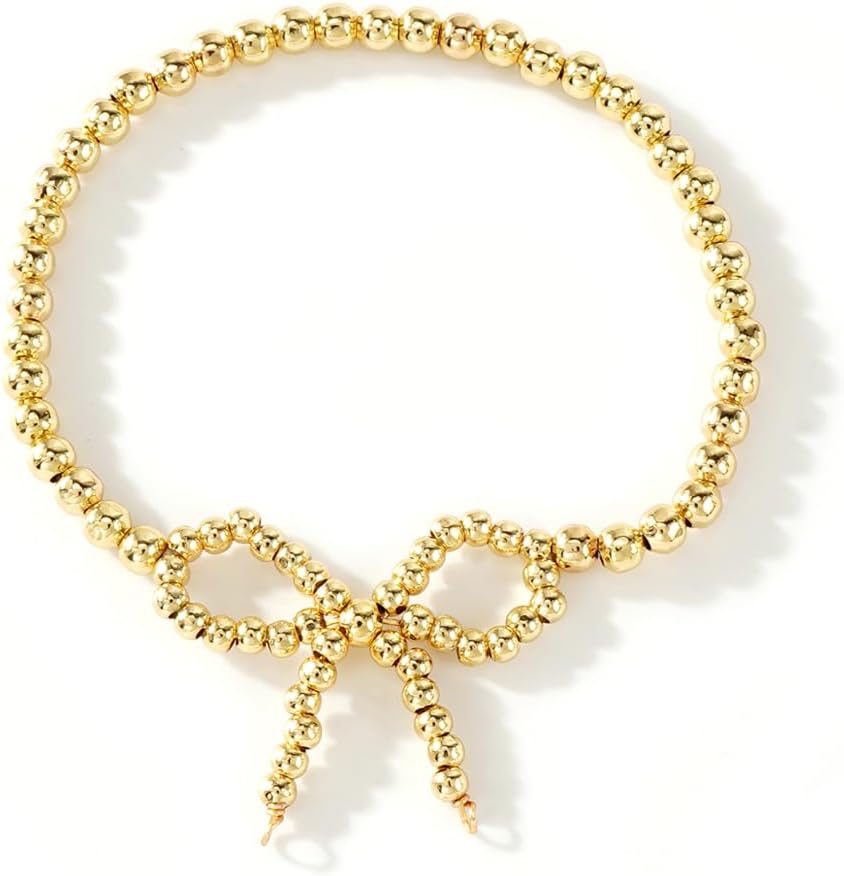 Dainty Gold Beaded Bow Bracelet for Women,Handmade Boho 14K Gold Plated Bead Bowknot Stretch Bracelet Cute Prom Jewelry Gift