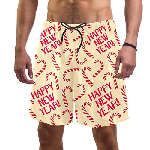 Röda nyår bokstäver herr badbyxor surfing strandshorts för män med fickor dragsko, L, Flerfärgad, XL Kort