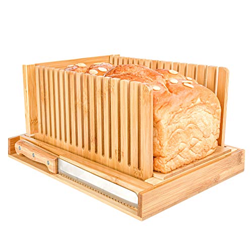 Bamboo Bread Slicer for Homemade Bread Loaf Cutting Guide with 2 Knives – Foldable and Compact with Crumbs Holder Tray and Knife