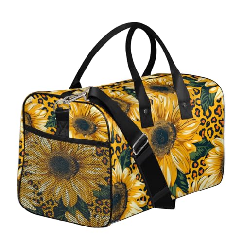 Sunflower Travel Duffle Bag for Women Men Foldable Waterproof Weekender Bag Carry on Tote for Overnight Sports Gym Floral Leopard Print3