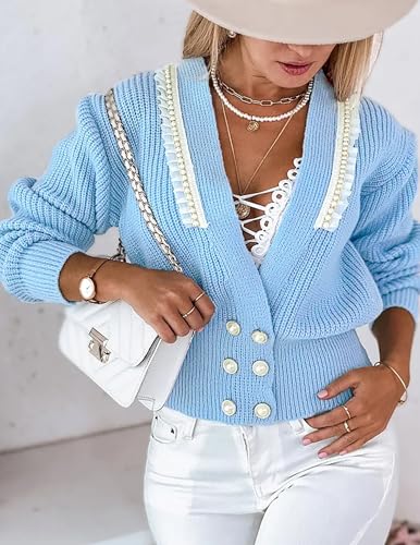 Image of Libsorge Womens Oversized Ladies Dressy Casual Cute Lace Pearl Button Cardigan Fall Winter 2024 Spring 2025 Trendy Lightweight Ribbed Knit Sexy V Neck Long Sleeve Sweater Cardigans Blue L