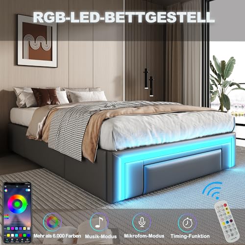 Dolamaní Polsterbett Bettgestell 90x200 cm ohne Kopfteil, PU-Leder Bett Mit LED und Schubladen, Metall Lattenrost Moderne Schlafzimmer Einzelbett (Grau) – Bild 4