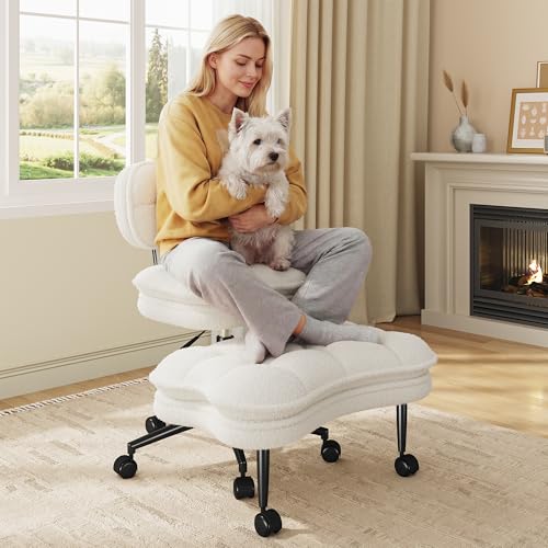 DurayLoly Cross Legged Office Chair with Wheels & Retractable Footrest White