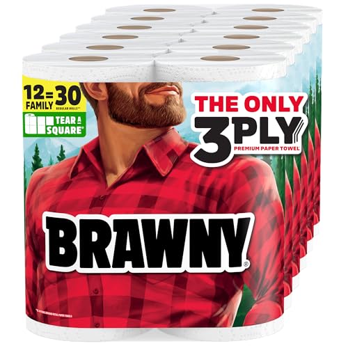 Brawny Tear-A-Square 3-Ply Paper Towels, 12 XL Family Rolls = 30 Regular Rolls, Strong, Absorbent,...