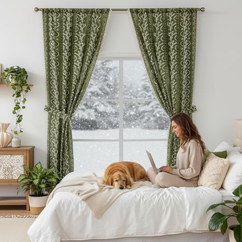 Image of Boho Curtains for Living Room, Bedroom, 2 Panels Floral Farmhouse Vintage Tassel Semi Sheer Light Filtering Privacy,Olive Green,55 inch W x 63 inch L (Pack of 2)