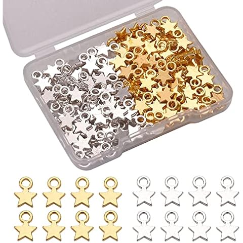 HBYMYDA 160Pcs Star Pendant Mini Star Dangle Charms Pentagram Dangle Beads for Girls DIY Jewelry Making Earrings Bracelets Crafts Gold&Silver Cover