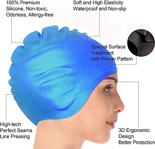 2 Stuks Zwemmen Cap, siliconen badmuts, Zwemmuts, Elastische Badmuts, Zwemmenmuts voor Vrouwen en Mannen - Waterdicht, Siliconen- Unisex zwemmen Cap, Unisex badmuts voor lang haar en kort haar - Image 5
