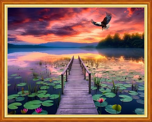 Image of Findvoor Stamped Cross Stitch Kits for Beginner Embroidery Kits for Beginners Adults DIY 11CT Cross Stitch Patterns Needlepoint Kits Crossstitching Kits-Lotus Pond Sunset 16x20 inch