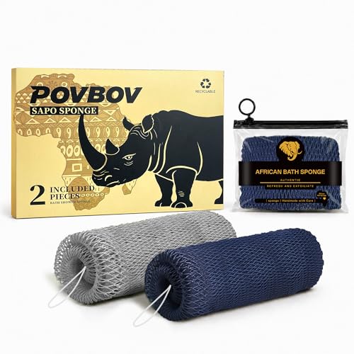 POVBOV African Net Sponge Authentic, 2-Pack Exfoliating Bath Sponge, Long Shower Body & Back Scrubber, Skin-Smoothing for All Skin Types Daily Care (Navy Blue & Charcoal)