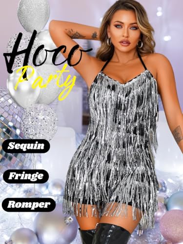 Image of Kaei&Shi Sequin Fringe Romper,Sparkly Glitter Metallic Jumpsuits For Women,Backless Shorts Dress Disco Birthday Dance Outfit
