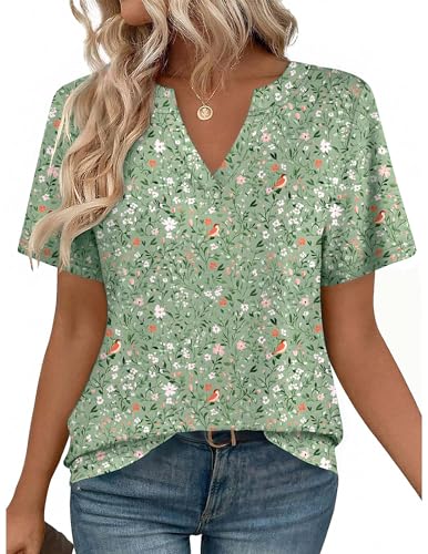 Zeagoo Cute Short Sleeve Tops for Women Casual V Neck T Shirts Blouses Business Work Outfits Green Flowers XL