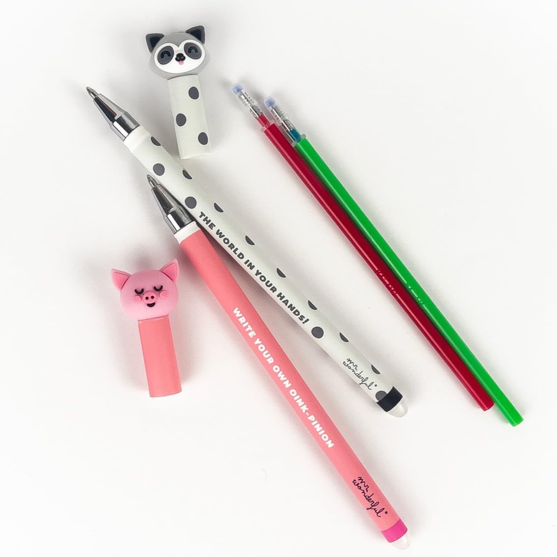 Penne Cancellabili Mr. Wonderful Bo-Bo Click! | Set 2 Con Fungo E Maialino, Gomma Integrata | Inchiostri Blu E Nero