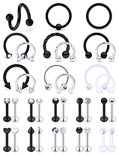 Vsnnsns 16G Lip Rings Stainless Steel Horseshoe Snake Bite Piercing Monroe Lip Rings Labret Medusa Piercing Jewelry Tragus Forward Helix Cartilage Earrings Studs Piercing Jewelry for Women Men 35PCS