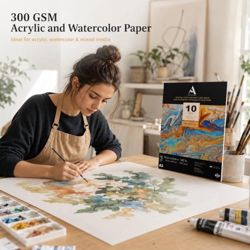 Image of ArtRight Artists' Acrylic Paper (A2 Pack of 10 Sheets, 300 GSM); 300 GSM Handmade Sheets for Gouache & Acrylic Media Papers