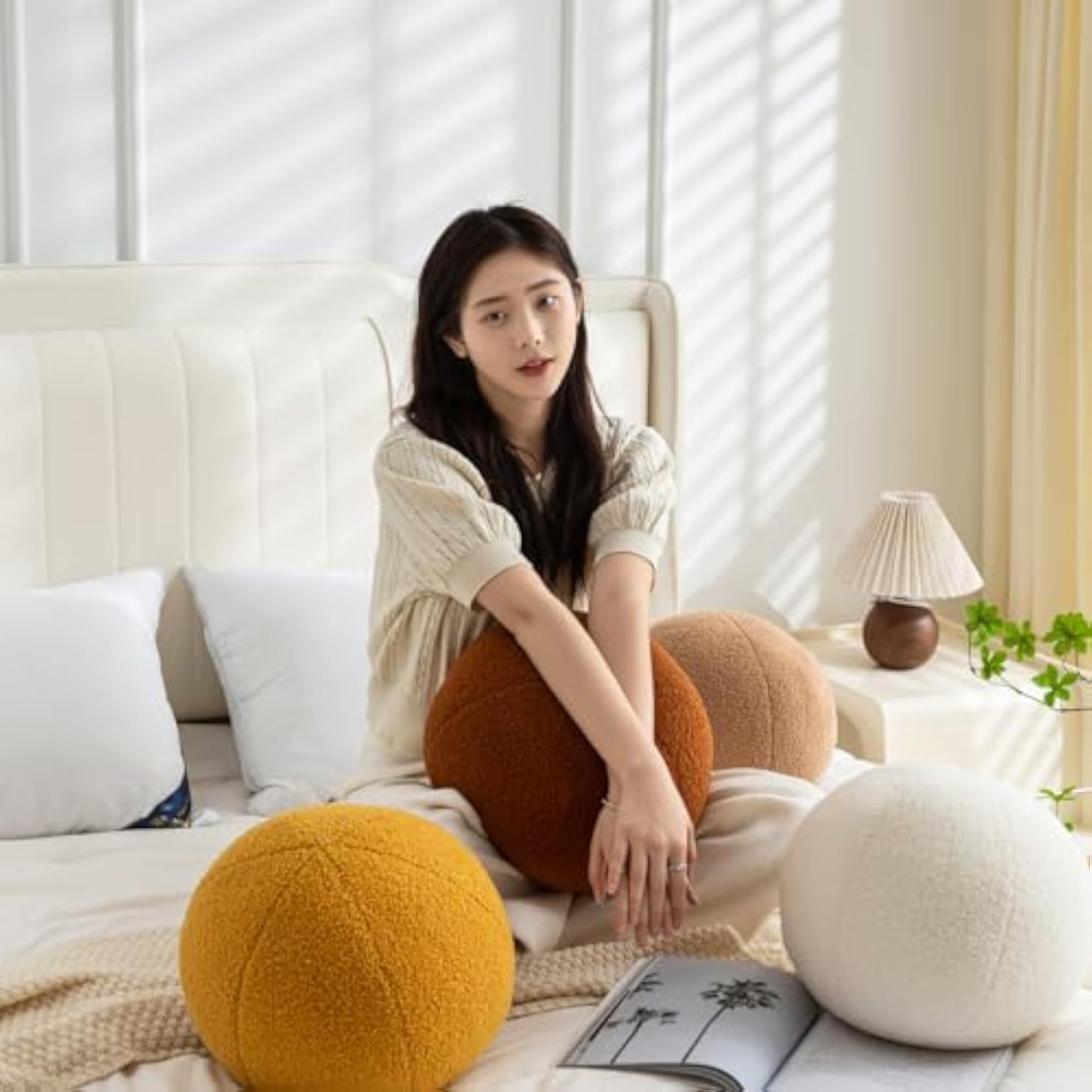Ball Pillow, Round Sphere Decorative Throw Pillow Boucle