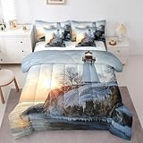 Erosebridal Lighthouse 7 Piece Comforter Set Queen Nature Winter Bed in A Bag with Sheets Coastal Bedding Set for Kids Teen Adults Nautical Bed Set with Comforter and Sheets Reversible