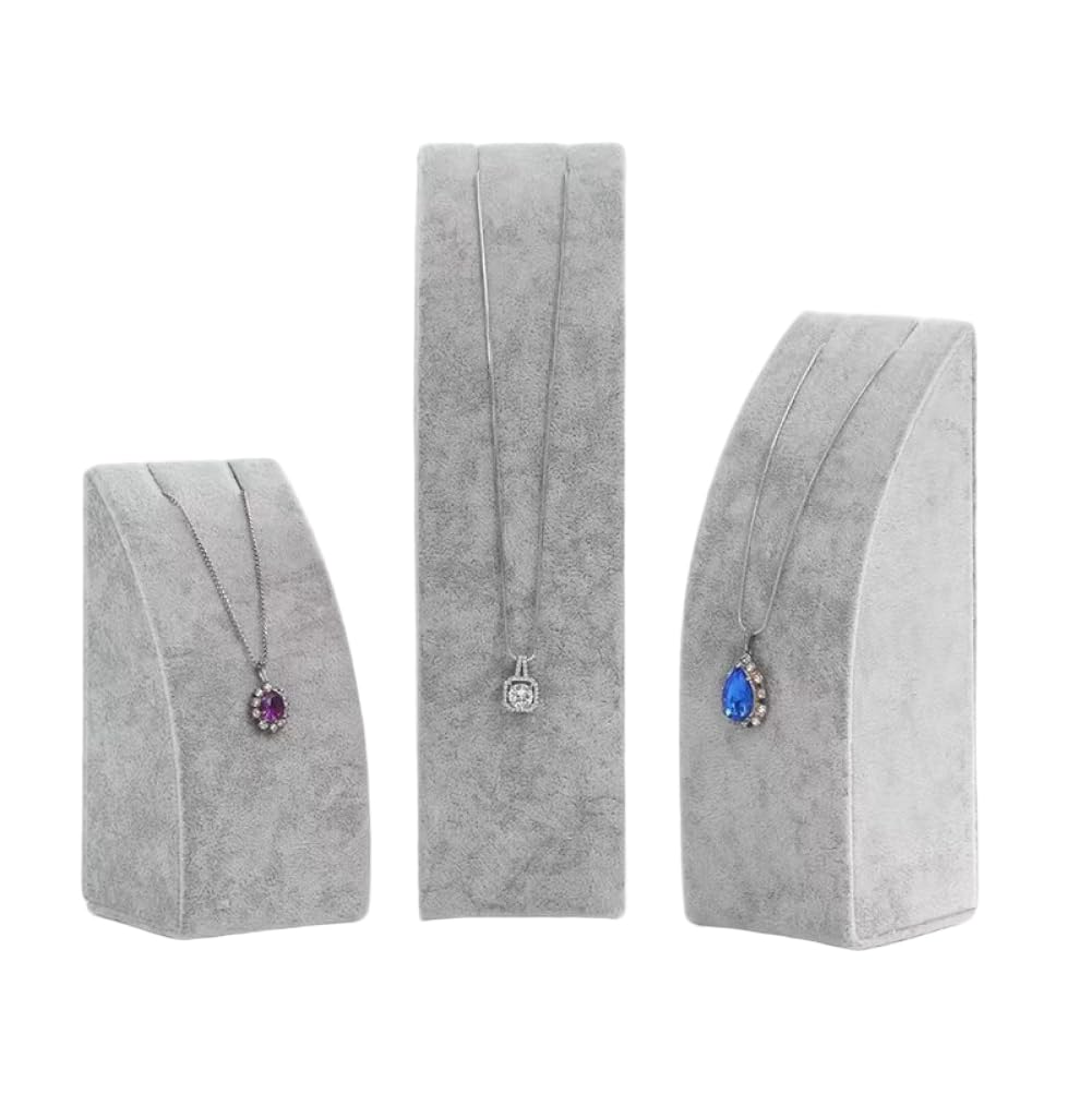 Striegro Shop Display Stands, 3-piece Gray Ice Velvet Necklace Display Stand Set, Curved Vertical Jewelry Stands For Necklaces & Pendants, 3 Heights For Home & Shop Showcase..