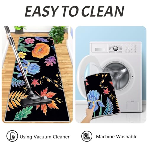 Tapis de cuisine lot de 2 fleurs dessinées à la main noir - 7