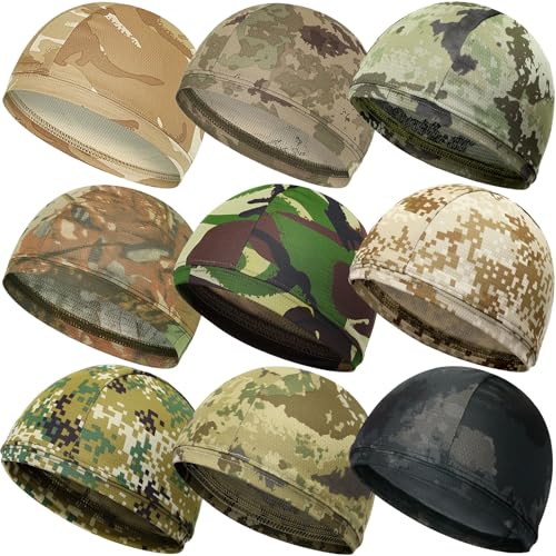 Image of 9 Pcs Cooling Skull Cap Camo Liner Sweat Wicking Lightweight Cycling Cap Running Hat for Men Women