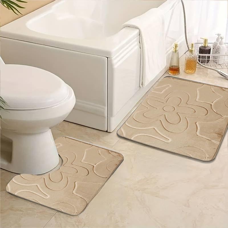 Trendy Realm Bath Mats Sets 2 Piece Washable Quick Drying Anti Slip Shower Mat - Modern Memory Foam Anti Mould Waterproof Bathroom Mat 50 x 40 + 80 cm, Beige