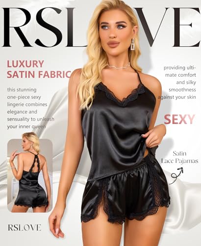 RSLOVE Women Pajama Set Sleepwear - Satin Pajamas Silk V Neck Cami and Shorts Pjs 2 Piece Womens Sexy Lace Lounge Nightwear2