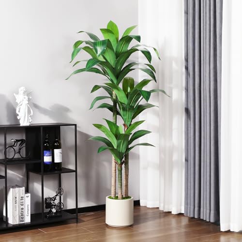 OAKRED Artificial Dracaena Tree 5ft, Tall Fake Dracaena Plants with White Planter, Faux Dragon Tree Indoor Floor Plant for Home Decor Office Living Room Porch Housewarming, 1Pcs