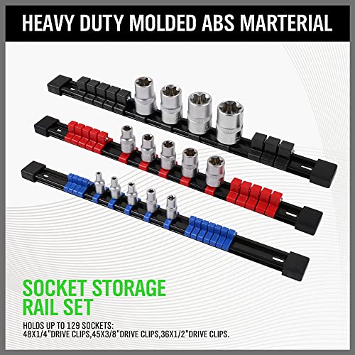 SWANLAKE GARDEN TOOLS ABS Soket Düzenleyici Sürücü Soketi Tutucu, 6 ADET 1/4-inç x 32 Klips, 3/8-inç x 30 Klips, 1/2-inç x 24 Klips, Üstün Kalite Soket Klips Ray Tutucu (9 ADET PLASTİK DÜZENLEYİCİ)