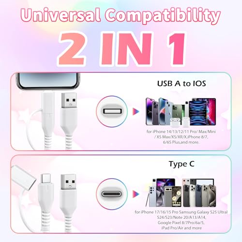 Image of Aolcev USB C Cable 66W 2 in 1 Multi USB to USB C Fast Charging Cable 3.3FT Beaded for iPhone Charger Star Beads USB Type C Charger Cord for iPhone 17 16 15 14 Pro Max Galaxy S25 S24 Colorful Hearts